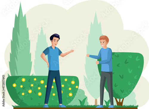 Happy guys smiling friends playing rock-paper-scissors in city park. Best summer outdoor activities. Active weekend with friend. Men show gestures with their hands while playing rock, paper, scissors