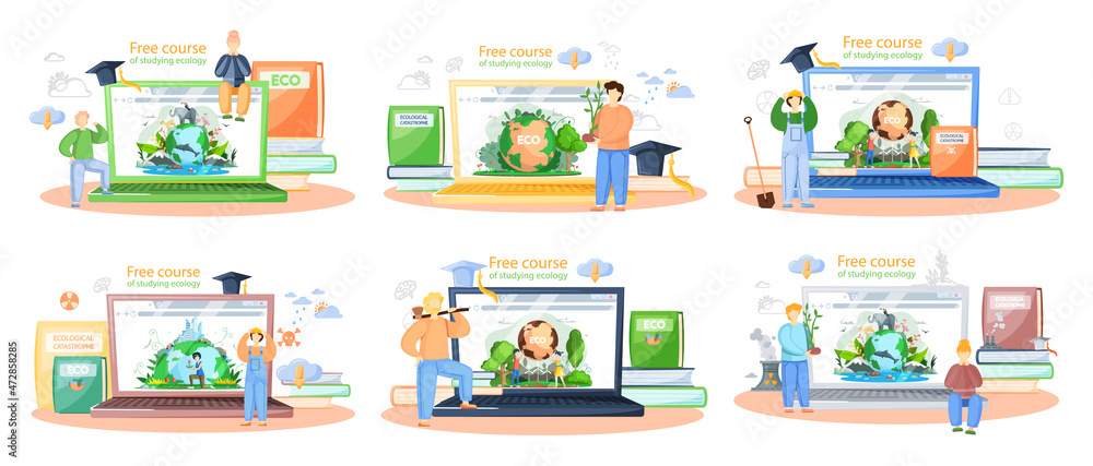 Free course of studying ecology banners set. Ecologist scientist taking care of nature and study environmental changes with education platform. Ecological activist for protection of air soil and water Free course of studying ecology banners set. Ecologist scientist taking care of nature and study environmental changes with education platform. Ecological activist for protection of air soil and water