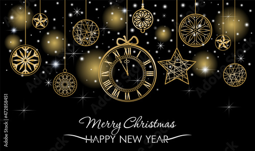 Christmas decorations, snowflakes and stars on black background. Gold clock and Christmas balls. New Year greeting card or invitation. Merry Christmas and Happy New Year.