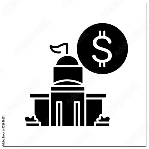 Public bank glyph icon. Financial and economics institution building with dollar currency sign. Business loan  finance infrastructure and money.Filled flat sign.Isolated silhouette vector illustration