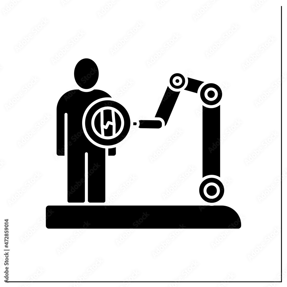 AI in medicine glyph icon. X-ray. Robot machine examine human body. Modern technology improves medicine. AI diagnostic concept. Filled flat sign. Isolated silhouette vector illustration AI in medicine glyph icon. X-ray. Robot machine examine human body. Modern technology improves medicine. AI diagnostic concept. Filled flat sign. Isolated silhouette vector illustration