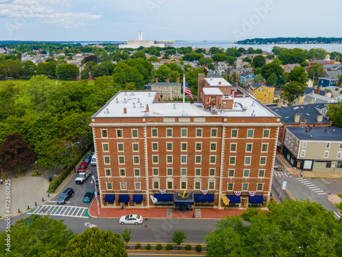 Historic Hawthorne Hotel aerial view at 18 Washington Square West in historic city center of Salem, Massachusetts MA, USA.  photo