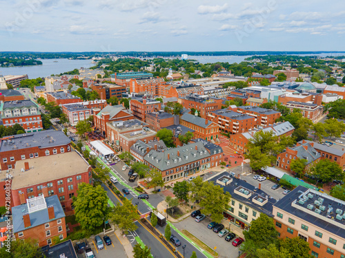 Salem downtown historic district on Essex Street aerial view in city center of Salem, Massachusetts MA, USA.  photo
