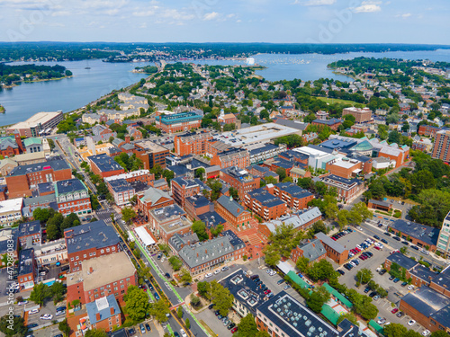 Salem downtown historic district on Essex Street aerial view in city center of Salem, Massachusetts MA, USA. 
