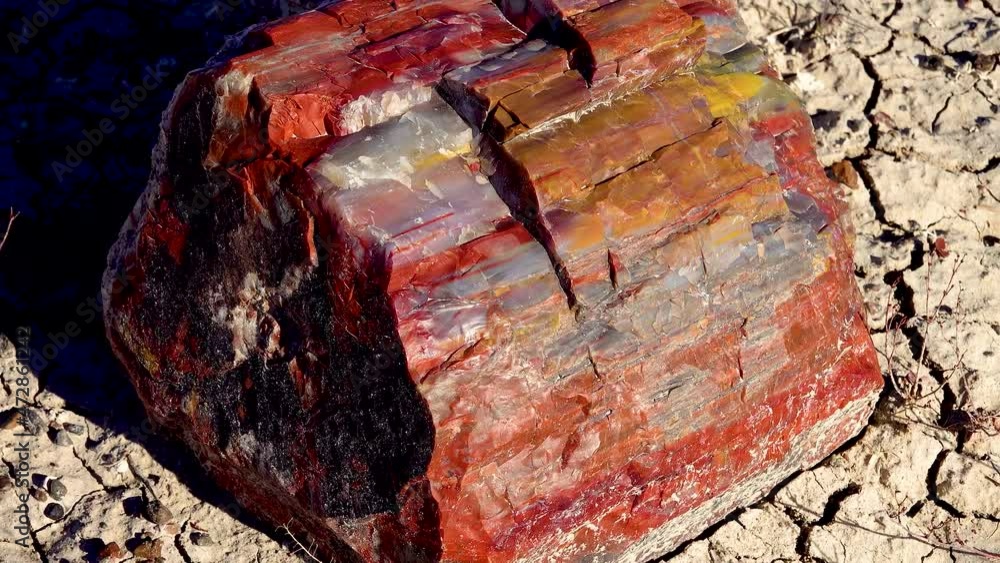 The trunks of petrified trees, multi-colored crystals of minerals in the foreground. Petrified Forest National Park, Arizona The trunks of petrified trees, multi-colored crystals of minerals in the foreground. Petrified Forest National Park, Arizona
