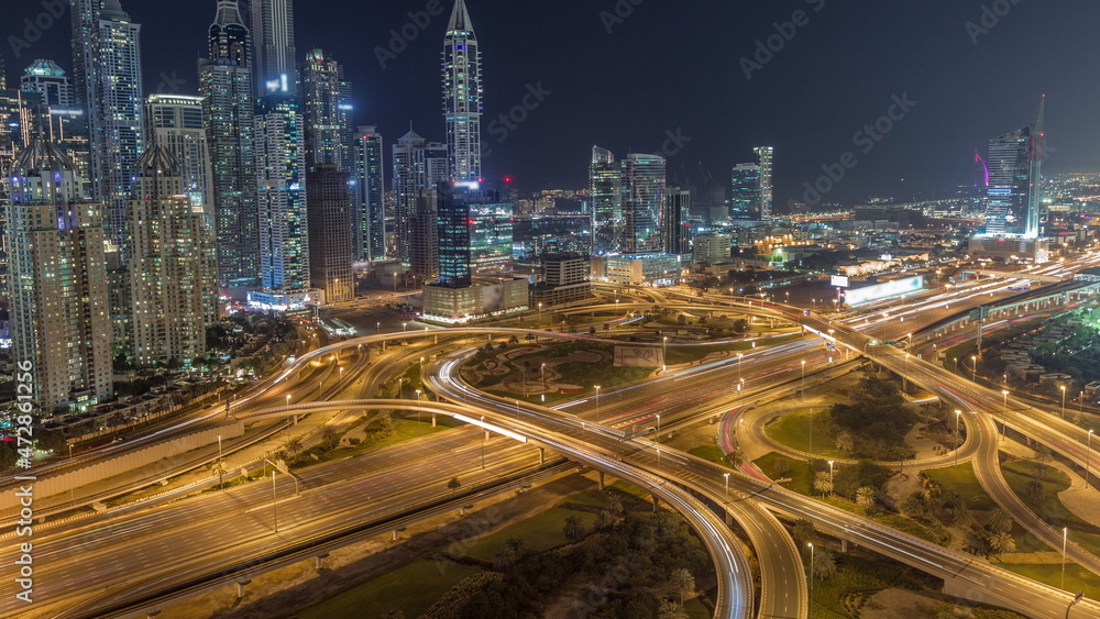 Dubai Marina highway intersection spaghetti junction night timelapse