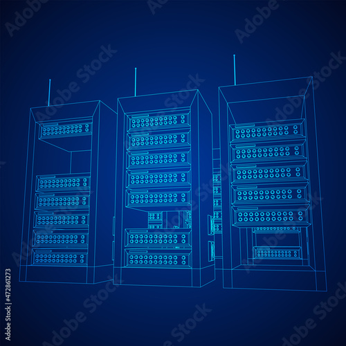 Data network server in cabinet. Diagnostic test in computer room technology communication computers and device concept. Wireframe low poly mesh vector illustration.