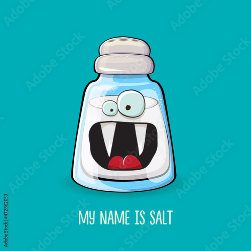 Cute cartoon salt shaker with smiling faces isolated on turquoise background. Funky Kawaii salt character. My name is salt concept illustration for printing on tee