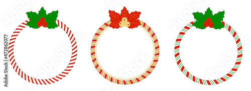 Round frame sweet candy cane. Christmas border with holly leaves. Vector illustration isolated.