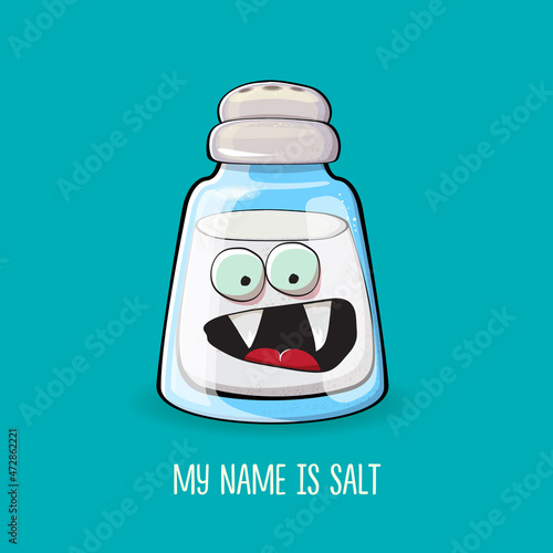 Cute cartoon salt shaker with smiling faces isolated on turquoise background. Funky Kawaii salt character. My name is salt concept illustration for printing on tee