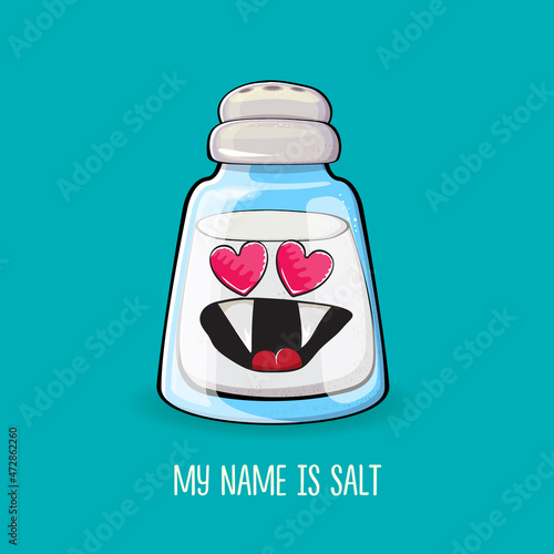 Cute cartoon salt shaker with smiling faces isolated on turquoise background. Funky Kawaii salt character. My name is salt concept illustration for printing on tee