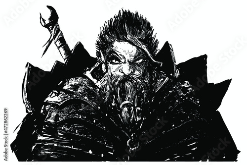 A dirty black-and-white drawing of an old dwarf with a stern look in armor and a sword on his back. he has a thick beard, gathered in a bunch.metal armor with rivets and iron plates on the back.2d art