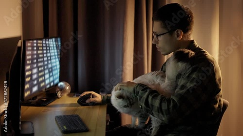 Young guy looking at screen traiding online from home office sit with cute white fluffy cat photo