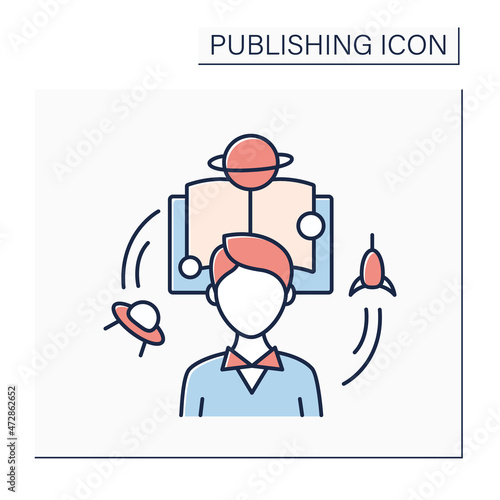 Fiction color icon. Special book or story about imaginary characters and events. Stories about technological civilizations, aliens. Publishing concept. Isolated vector illustration