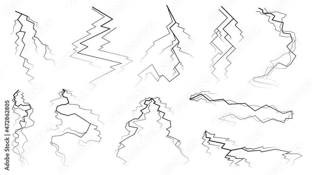 Fototapeta premium Set Black Outline Simple Line Abstract Collection Lightning Thunderstorm ABackground Light And Shine Electricity Vector Design Style