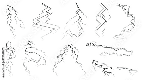 Set Black Outline Simple Line Abstract Collection Lightning Thunderstorm ABackground Light And Shine Electricity Vector Design Style