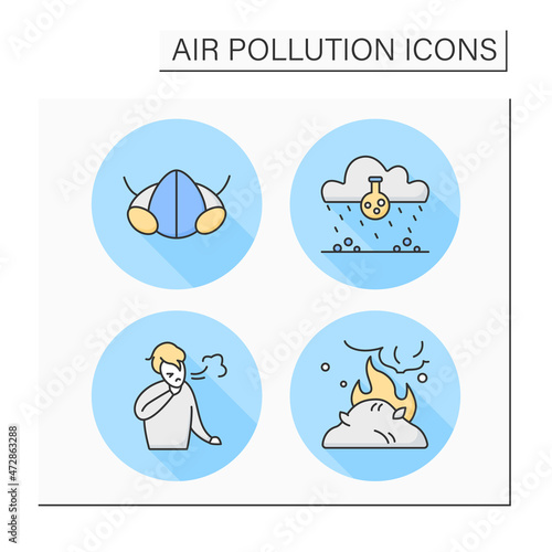  Air pollution color icons set. Acid rain, face mask, agriculture waste and trouble breathing. Isolated vector illustrations