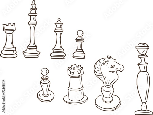 
Chess doodle sketch line graphics vector hand drawn games tournaments. Separate elements of the figure on a white background