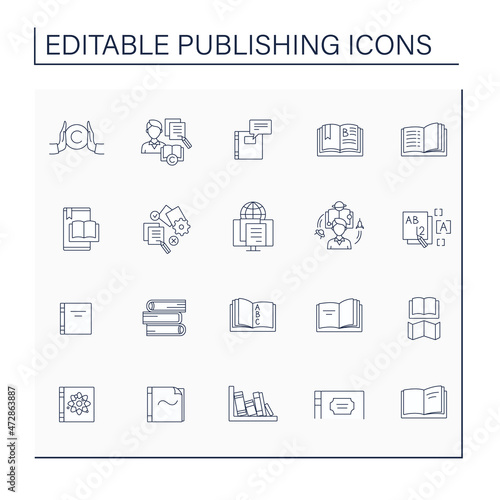 Publishing line icons set. Activity of preparing and issuing books, journals.Publishing concept. Isolated vector illustrations. Editable stroke