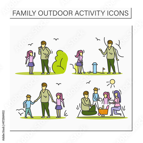 Family outdoors activities color icons set. Parents and kids playing,walking, having picnic in nature.Family leisure and togetherness concept. Isolated vector illustrations