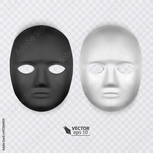 Set of masks of black and white colors on a transparent background, realistic mask, Vector format