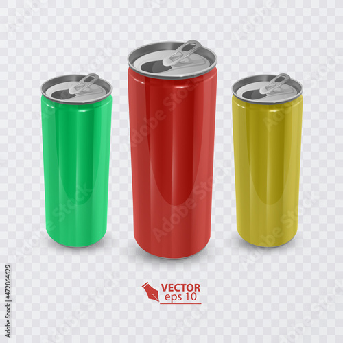Realistic aluminum cans. Blank metallic can drink beer soda water juice packaging, empty mock up container vector template