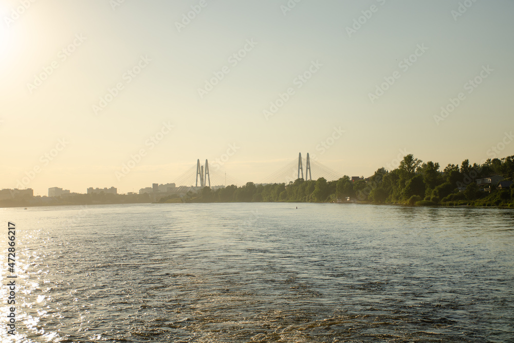 A river with a green forest along the banks and a road bridge in the distance