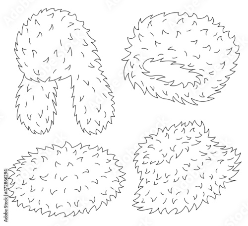 Set of four fur winter hats sketches. Trapper hat, hat with ear flaps, bucket hat. Vector outline ink hand drawn illustration isolated on white background.
