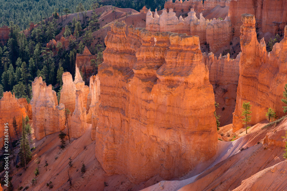 USA, Utah. Bryce Canyon National Park, Hoodoos rise above colorful ridges and valleys and scattered pine trees below Sunset Point. USA, Utah. Bryce Canyon National Park, Hoodoos rise above colorful ridges and valleys and scattered pine trees below Sunset Point.