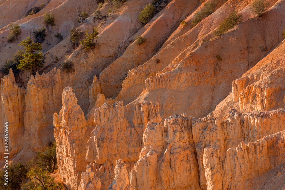 USA, Utah. Bryce Canyon National Park, colorful eroded hoodoos, ridges and valleys below Boat Mesa in early morning, near Fairyland Point. USA, Utah. Bryce Canyon National Park, colorful eroded hoodoos, ridges and valleys below Boat Mesa in early morning, near Fairyland Point.