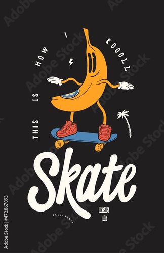 Banana Skater. Banana character skateboarding vintage typography t-shirt print vector illustration. Tropical summer sports poster.