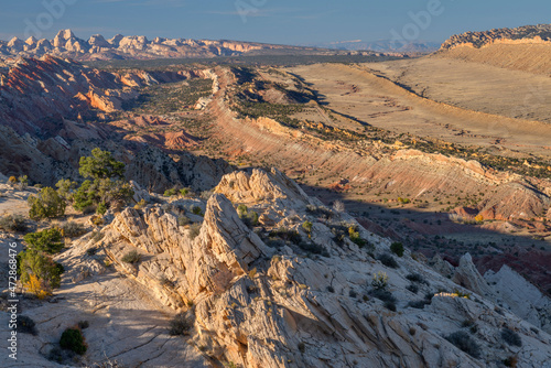 USA, Utah. Capitol Reef National Park, view north of the Waterpocket Fold (left) and Strike Valley (center), from Strike Valley Overlook. photo