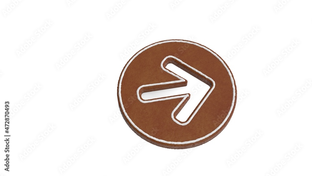3d rendering of gingerbread symbol of right arrow in circle isolated on white background 3d rendering of gingerbread symbol of right arrow in circle isolated on white background