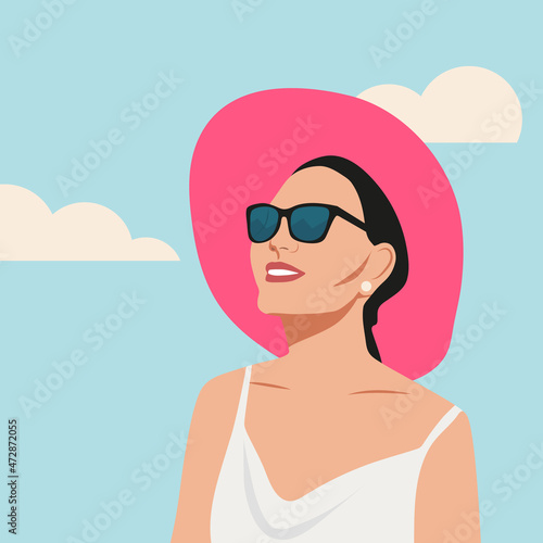 vector flat illustration of a young attractive woman in a pink hat in summer on a blue sky background. postcard at the sea. concept of summer, vacation. Retro style