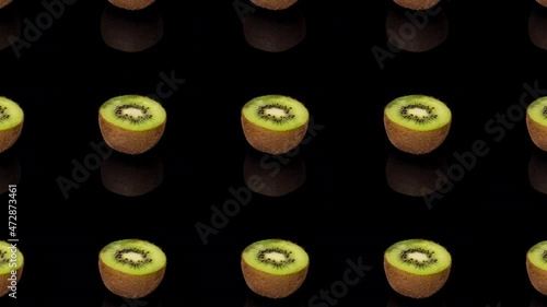 Kiwi fruit pattern on black background, 2D animation screensaver, 4K 60 fps, seamless looping
