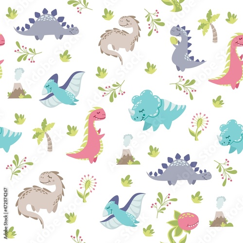 Seamless vector pattern. Cute dinosaurs  volcano  twigs  predatory plant  palms. Print for children s clothing.