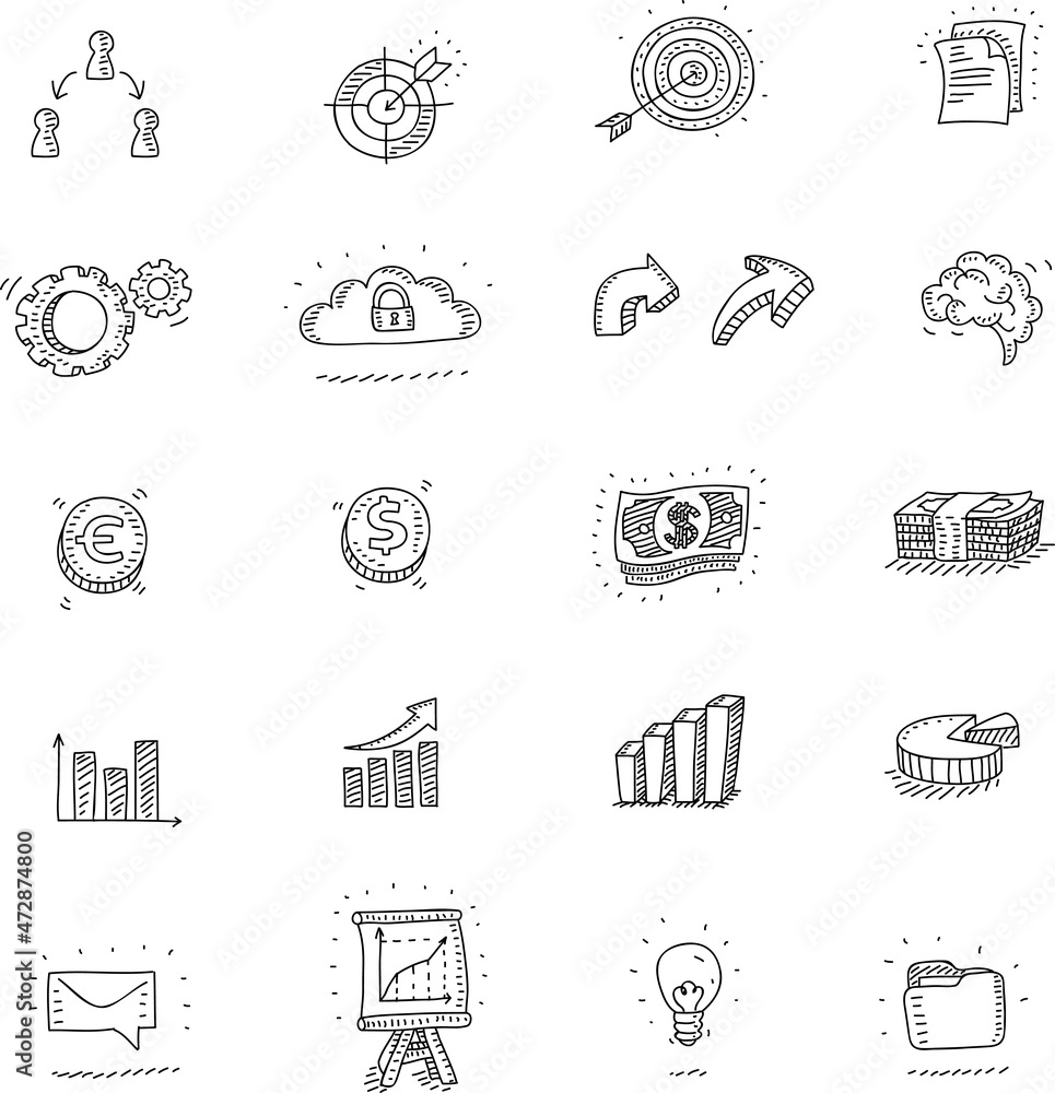 Money, marketing analysis and finance - sketchy hand-drawn vector icons set. Business Graph and Diagram Line, money and marketing analysis icons set.
