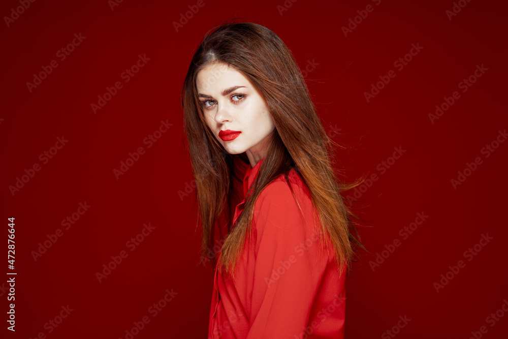 beautiful woman hairstyle makeup red shirt model beautiful woman hairstyle makeup red shirt model