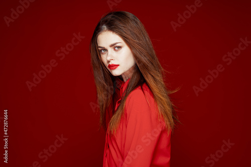 beautiful woman hairstyle makeup red shirt model