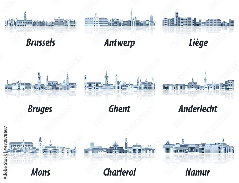 Belgium main cities cityscapes in tints of blue color palette. Сrystal aesthetics style
