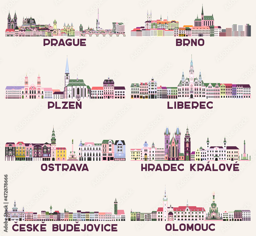 Czech Republic main cities cityscapes in rich pastel bright colorful palette. Magic aesthetics style
