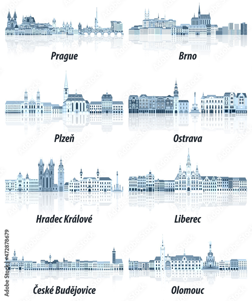Czech Republic main cities cityscapes in tints of blue color palette
