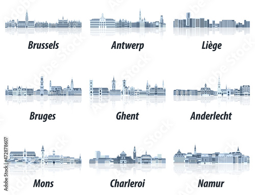 Belgium main cities cityscapes in tints of blue color palette. Сrystal aesthetics style
