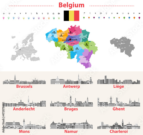 Belgium map with main cities skylines vector set