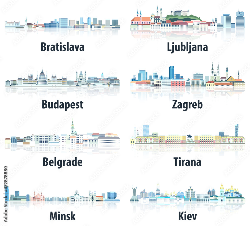 Cities of East Europe skylines in tints of blue color palette. Crystal aesthetics style