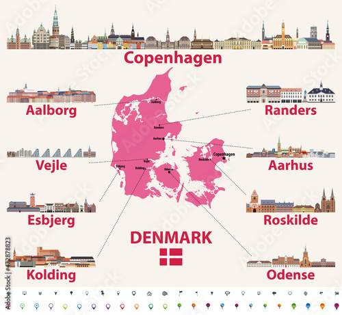 Denmark map with main cities skylines vector illustration