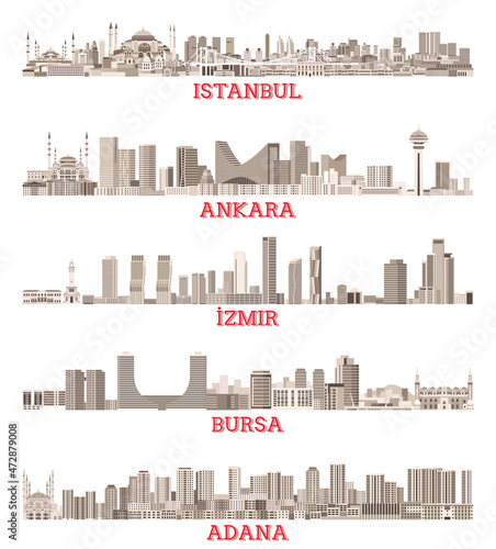 Turkish biggest cities isolated skylines vector set in sepia color palette