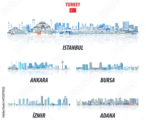 Turkish biggest cities skylines in tints of blue color palette. Crystal aesthetics style