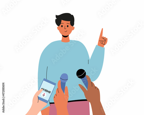 A male politician answers questions, interviews with journalists. Communication with correspondents. Vector illustration