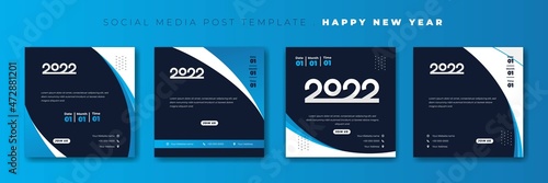 Set of social media post template with wavy blue background design. Happy new year 2022 template design.